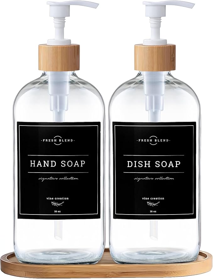 Vine Creations Glass Soap Dispenser Set - Kitchen Soap Dispenser Set with Tray - Bamboo Dish Soap and Hand Soap Dispensers Set for Bathroom - White Kitchen Decor with Waterproof Labels (Clear)