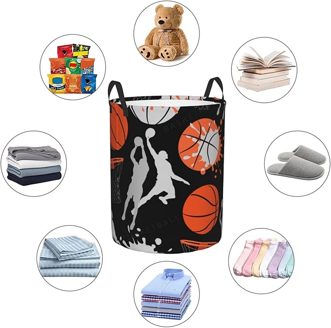 Basketball Sport Theme Laundry Hamper Bag With Waterproof Liner - Round Laundry Basket Foldable Clothes Storage Organizer For Bathroom Bedroom Nursery Dorm, S-16.5"X 13.8"