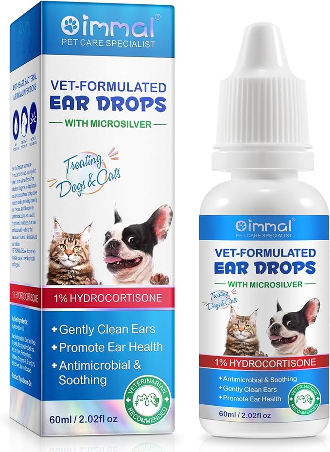 Dog Ear Infection Treatment Drops Yeast Ear Infection Treatment with 1% Hydrocortisone Ear Mites Treatment for Dogs Cat & Dog Ear Cleaner for Itchy Ear Relief (60ml)
