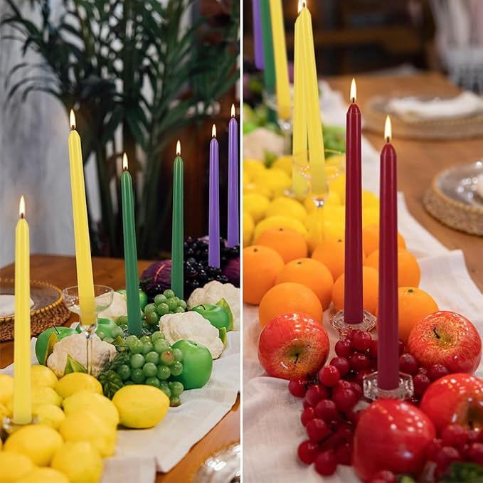 24 Pack 10" Tall Colored Taper Candles, Dripless Unscented Colorful Candlesticks for Birthdays Dinner Party Home Décor, Long Burning Spell Chime Candles for Meditation.