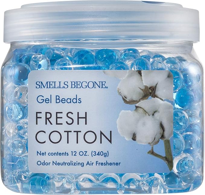 SMELLS BEGONE Odor Eliminator Gel Beads - Air Freshener - Eliminates Odor in Bathrooms, Cars, Boats, RVs & Pet Areas - Made with Essential Oils - Fresh Cotton Scent - 12 Ounce