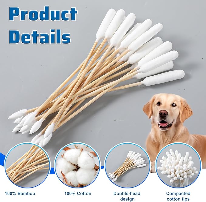 100PCS Long Cotton Dog Ear Swabs Double Sided Dog Ear Swabs 6 Inch Long Cotton Swab Large Double Sided Qtips Gentle Lint-Free Clean Wood Buds for Pet Dogs Ears Cleaning Wax Removal