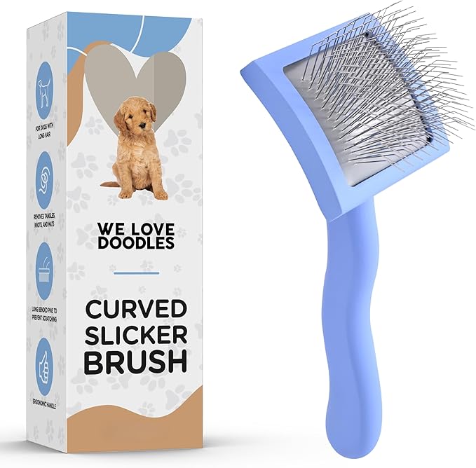 Slicker Brush for Dogs, Dog Grooming Supplies - Best Doodle & Poodle Brush for Long Haired Dogs - Goldendoodle Long Pin Detangler For Dematting (Small Curved)