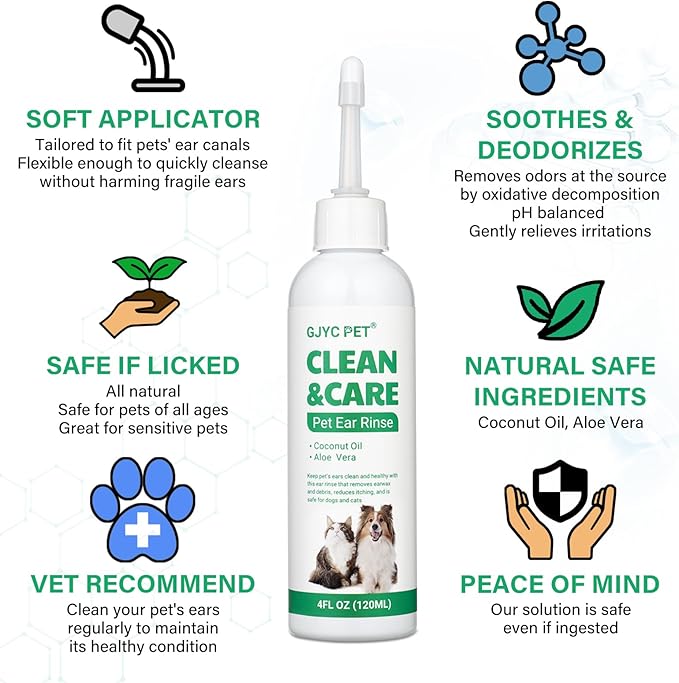 Ear Cleaner for Dogs and Cats,Dog Ear Infection Treatment for Itch Relief, Cleans The Ear Canal from Debris and Buildup Removes Wax, Odor with Aloe 4 Fl oz