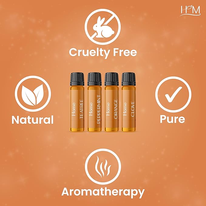 HM Home Essential Oil Kit – 4 Pack (Clove, Peppermint, Tea Tree, Orange) | Aromatic Blends for Relaxation, Refreshing Home Scents, and Natural Wellness – 1.35 FL OZ Each