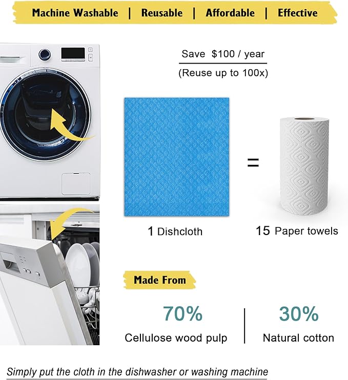 Swedish Dishcloths, Reusable Soft Kitchen Towels, Absorbent Sponge Cleaning Cloths, Washable Quick Drying, 6 Pack, Assorted