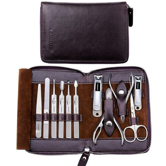 FAMILIFE Manicure Set, Nail Clippers Set Professional Manicure Kit 11 in 1 Stainless Steel Pedicure Tools Nail Kit Mens Grooming Tool with Portable Leather Travel Case Dark Violet Birthday Gifts