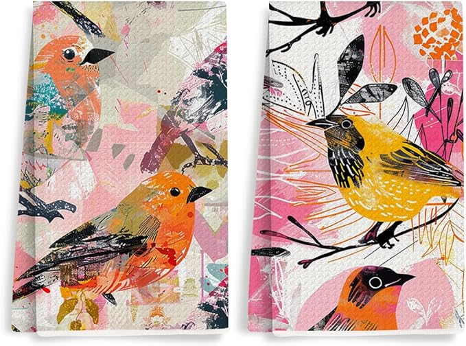 2 Pcs Abstract Bird Kitchen Towels, Colorful Art Decorative Absorbent Microfiber Dish Cloth Tea Towel, Waffle Soft Hand Towels for Farmhouse Home Bathroom, Housewarming Gifts