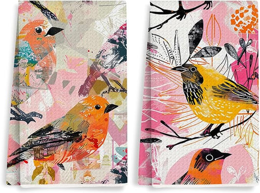 2 Pcs Abstract Bird Kitchen Towels, Colorful Art Decorative Absorbent Microfiber Dish Cloth Tea Towel, Waffle Soft Hand Towels for Farmhouse Home Bathroom, Housewarming Gifts