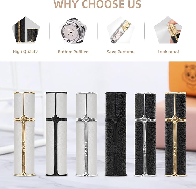 BF00WHG Leather Perfume Bottle 5ml – Bottom-Fill Refillable Dispenser, Leak-Proof & Portable for Men & Women, Ideal for Travel, Gifting & Daily Use (WHG)