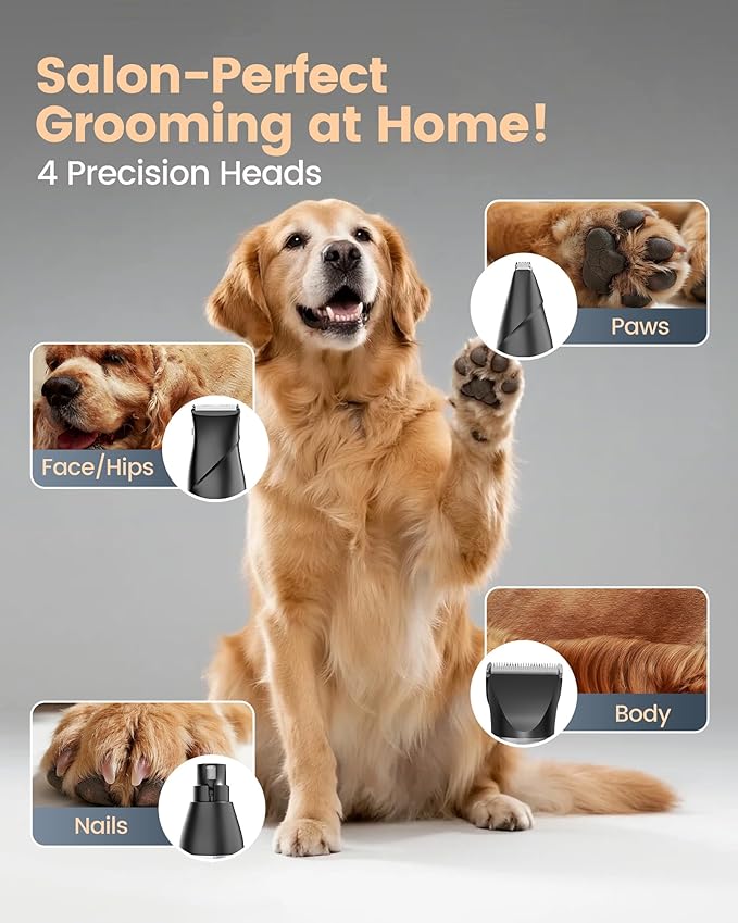 4 in 1 Dog Grooming Kit for Thick Hair, 2000mAh Heavy Duty Dog Clippers for Grooming, 2-Speed Low Noise Paw Trimmer with Nail Grinder for Body, Paws, Nail, Face, Ears, Legs