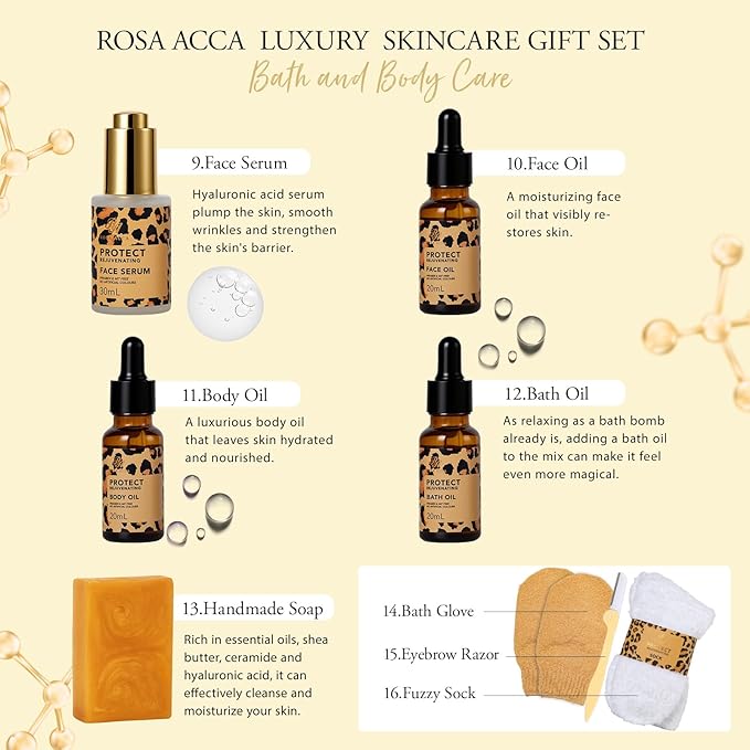 Leopard 32 Pcs Facial Skin Care Set, Spa & Self-Care Gifts, Bath and Body Gifts for Women, Lip Oil, Face Sheet Mask, Bath Oil, Hyaluronic Acid, Birthday, Christmas, Valentines