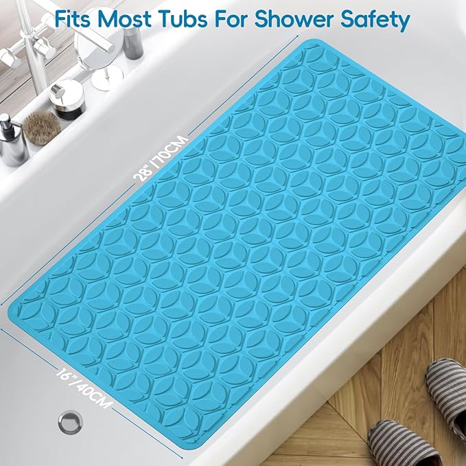 WRISIN Bathtub Mat Non Slip with Suction Cups - 100% Rubber Bathroom Mat Textured for Bath Tub Shower Safety - Soft on Touch - BPA/PVC Free - Pet Dog Bath Mat - Machine Washable - 16 × 28 Inch（R Blue）