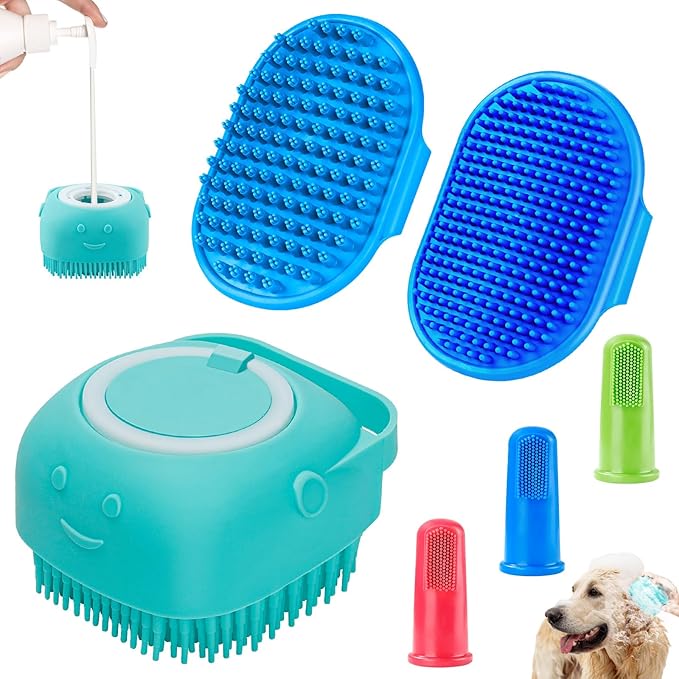 Comotech 6PCS Dog Bath Brush & Dog Toothbrush | Adjustable Handle Shampoo Brush & Scrubber for Short & Long Haired Dogs & Cats | Effectively Solve Odor & Stain Removal Problems (Blue Blue Blue.)