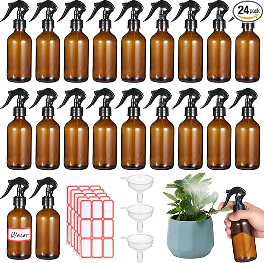 24 PCS 8 oz Glass Spray Bottles - Brown Glass Sprayer with Funnels and Labels, Refillable Fine Mist Trigger Bottles for Essential Oils, Cleaning Solutions, Haircare, Room Fresheners, DIY Cosmetics
