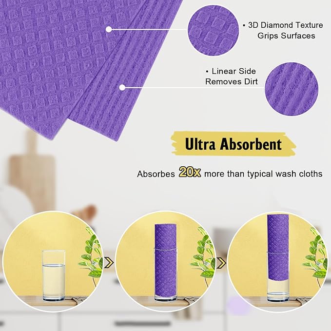 Swedish Dishcloths - 10 Pack Reusable Kitchen Dishcloths - Ultra Absorbent Dish Towels for Washing Dishes - Cellulose Sponge Cloth Cleaning Cloths - Purple