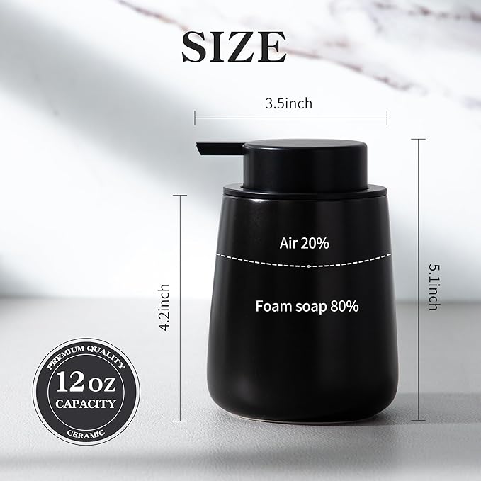 Enra Foaming Black Soap Dispenser, 12 oz Ceramic Refillable Modern Foam Soap Dispenser for Bathroom and Kitchen with Easy-to-Press Pump