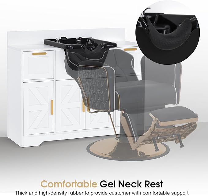 BarberPub Portable Shampoo Station, Shampoo Bowl with Cabinet & Drawer, Salon Geometric Finish Station with Sprayer Faucet, Barber Storage Equipment with Hair Wash Backwash Sink 3439 (White & Black)