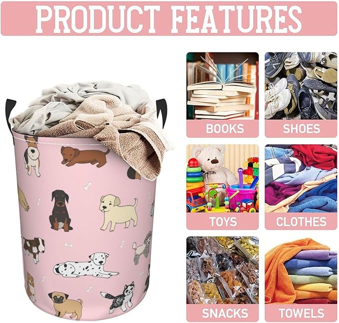 Cute Dogs Pink Laundry Hamper Bag With Waterproof Liner - Round Laundry Basket Foldable Clothes Storage Organizer For Bathroom Bedroom Nursery Dorm, S-16.5"X 13.8"