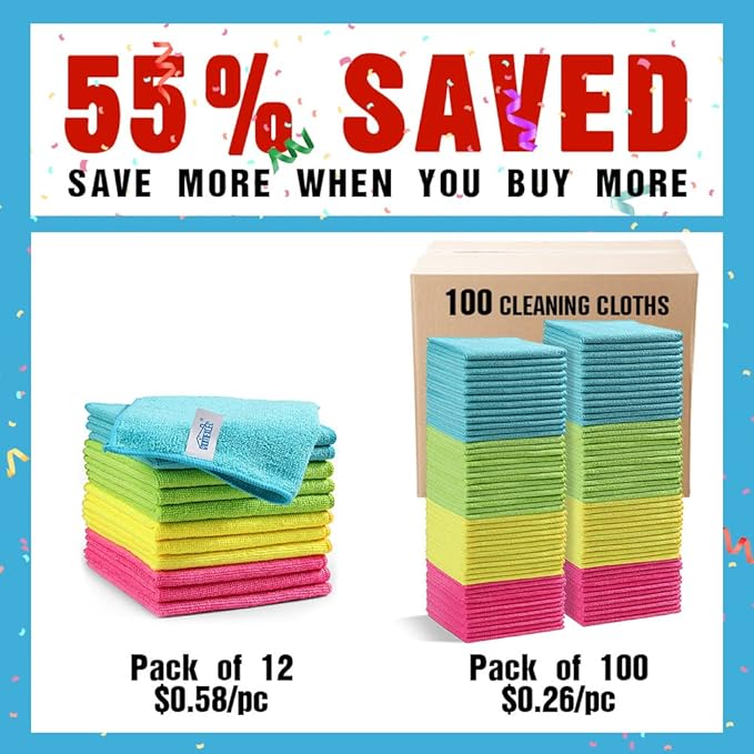 HOMEXCEL Microfiber Cleaning Cloth,100 Pack Cleaning Rags, Cleaning Towels with 4 Color Assorted, 11.5"X11.5" Shop Towels (Green/Blue/Yellow/Pink)