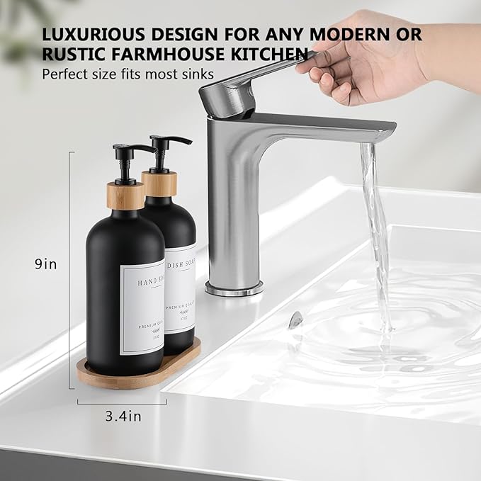 Black Glass Soap Dispenser - Hand Dish Soap Dispenser Set for Kitchen with Sturdy Pump and Tray, 14 Waterproof Labels, Bathroom Refillable Soap Lotion Dispenser-Black