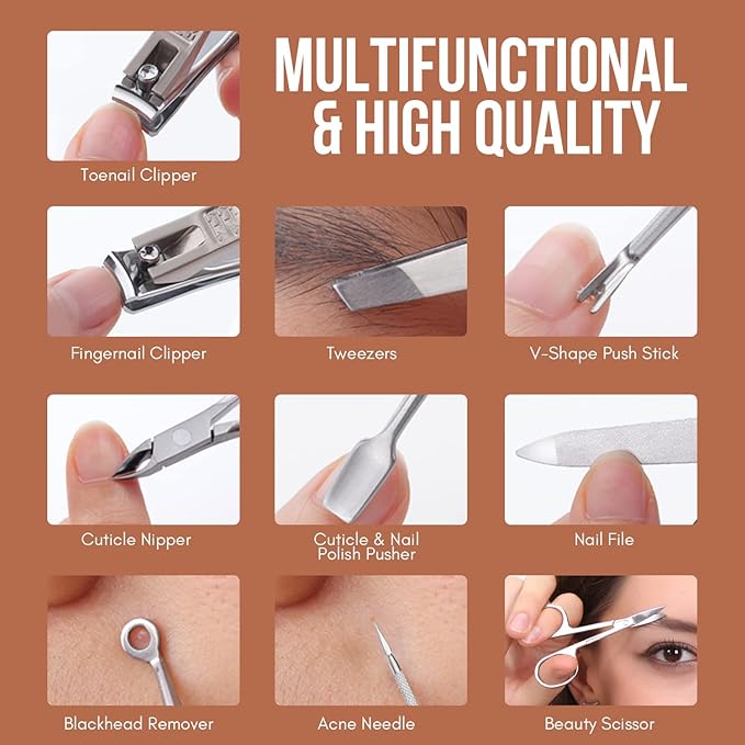 FAMILIFE Manicure Set, Nail Clippers Pedicure Tool, 8 pcs Stainless Steel Manicure Kit Professional Grooming Tool, Nail Kit with Portable Brown Leather Travel Case Luxury Gifts for Men