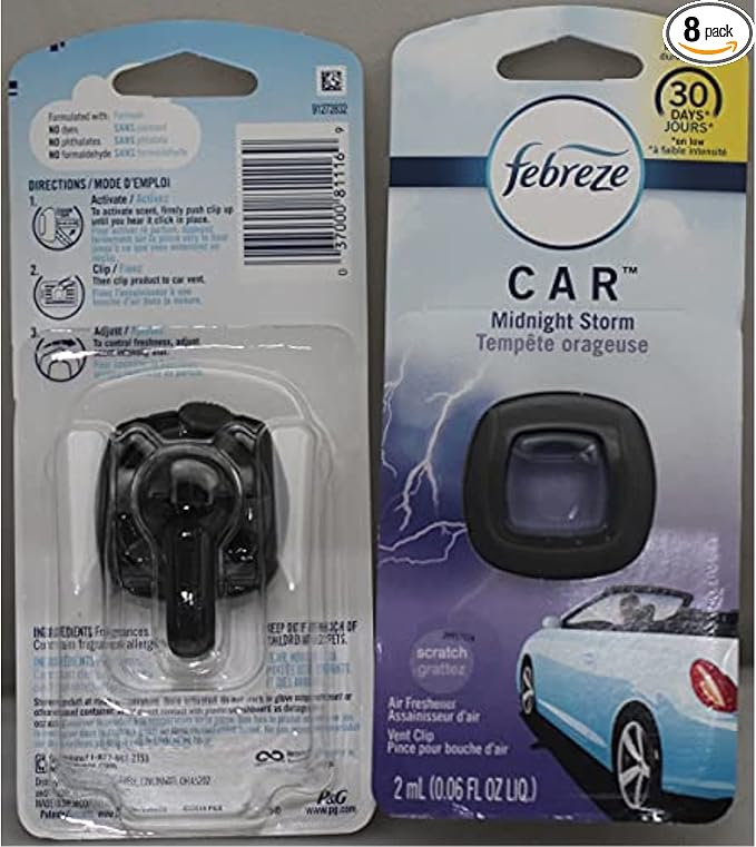 Febreze Car Vent Air Freshener, Midnight Storm, 0.06 Oz, Pack of 8