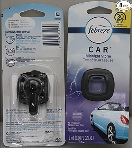 Febreze Car Vent Air Freshener, Midnight Storm, 0.06 Oz, Pack of 8