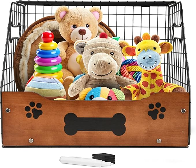 Dog Toy Basket Large – Metal & Wood Dog Toy Bin, Trapezoidal Dog Toy Box with Wide Opening, Farmhouse Dog Toy Storage Organizer for Blankets, Leashes & Accessories, Stylish Basket for Dog Toys