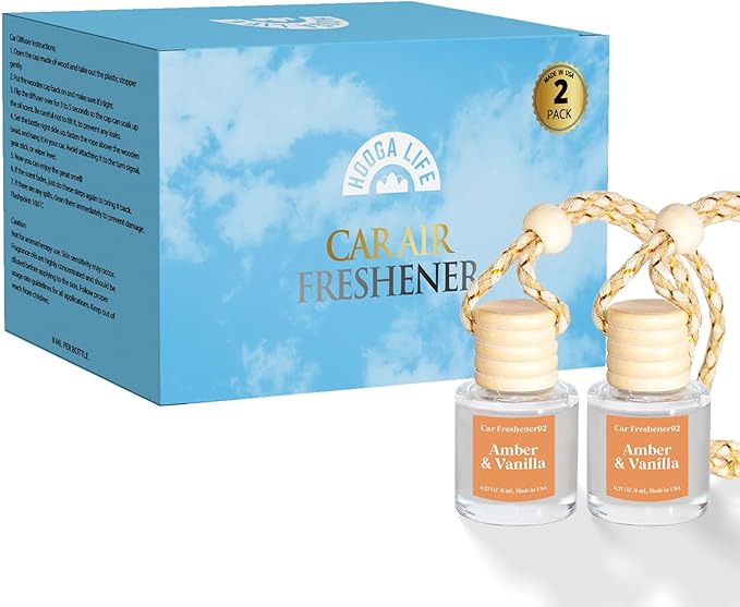 HoogaLife Car Air Freshener Diffuser 2 Pack Hanging Air Freshener Diffuser - Amber Vanilla Fragrance Oil Air D iffuser for Car, 45+ Days Long Lasting Fragrance Made in USA C ar Air Fresheners (A92)
