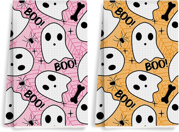 2 Pcs Cute Ghost Kitchen Towels, Halloween Themed Decorative Absorbent Microfiber Dish Cloth Tea Towel, Waffle Soft Hand Towels for Farmhouse Home Bathroom, Halloween Decor