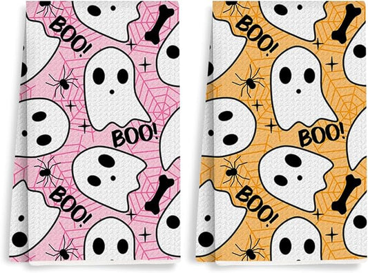 2 Pcs Cute Ghost Kitchen Towels, Halloween Themed Decorative Absorbent Microfiber Dish Cloth Tea Towel, Waffle Soft Hand Towels for Farmhouse Home Bathroom, Halloween Decor