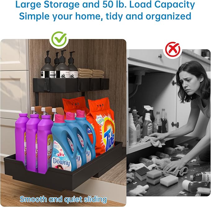 2 Pack Under Sink Organizer 2 Tier Sliding Cabinet Organizers Multi-Purpose Sink Storage Basket L-Shape Narrow Space Storage Shelves with 4 Hook for Kitchen Bathroom Drawer, Black