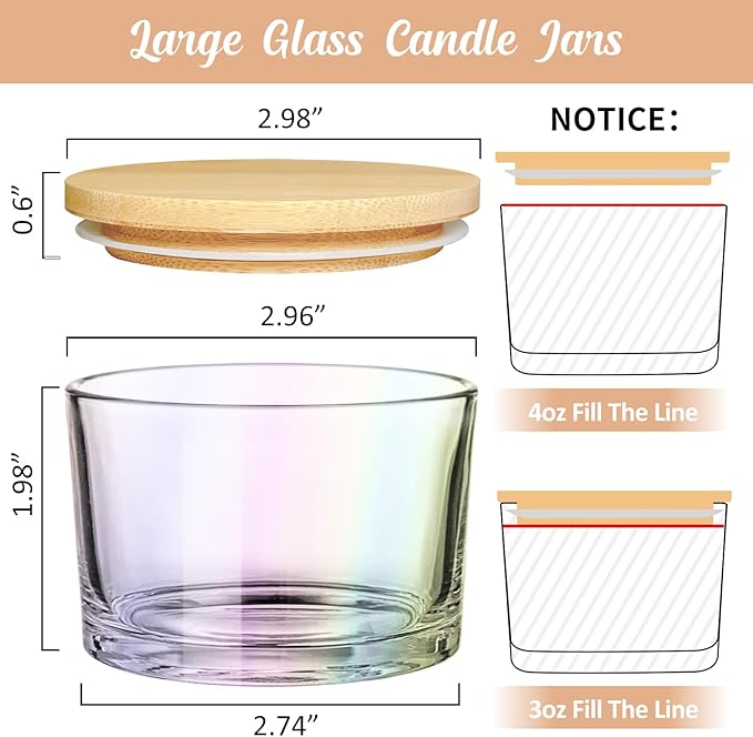 4oz Iridescent Candle Jars 15 Pack, Small Wide Mouth Glass Empty Candle Jars with Bamboo Lids for Making Candles, Bulk Candle Container with Wick Kit, Ideal for Candle Business Owners