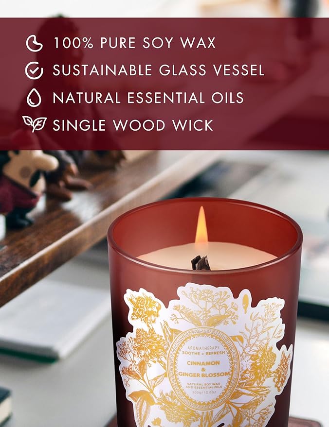 Cinnamon & Ginger Blossom Scented Candle - Large Wood Wick Soy Candle, 10.6 oz - Warm Fall & Autumn Aromatherapy Candle for Home - Long-Lasting, Clean Burn