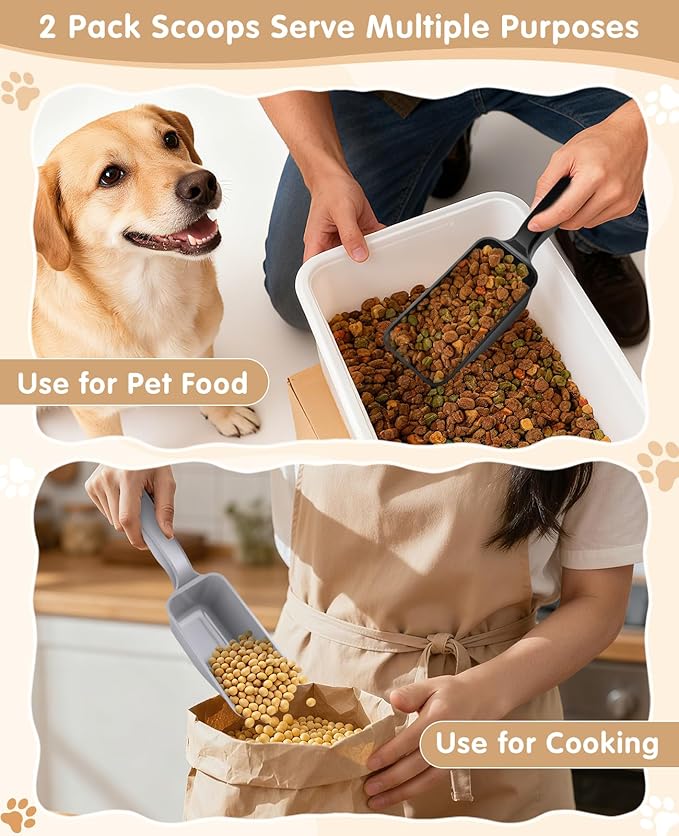 2-Pack Dog Food Scoop 1 Cup, Plastic Pet Food Measuring Scoop With Measuring Lines (1/2 & 1 Cup Markings) for Dogs, Cats, Fish, Bird（Black and Grey)