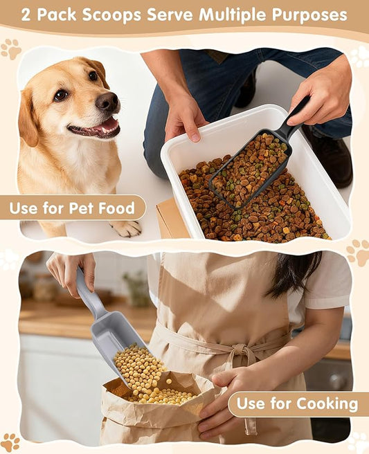 2-Pack Dog Food Scoop 1 Cup, Plastic Pet Food Measuring Scoop With Measuring Lines (1/2 & 1 Cup Markings) for Dogs, Cats, Fish, Bird（Black and Grey)