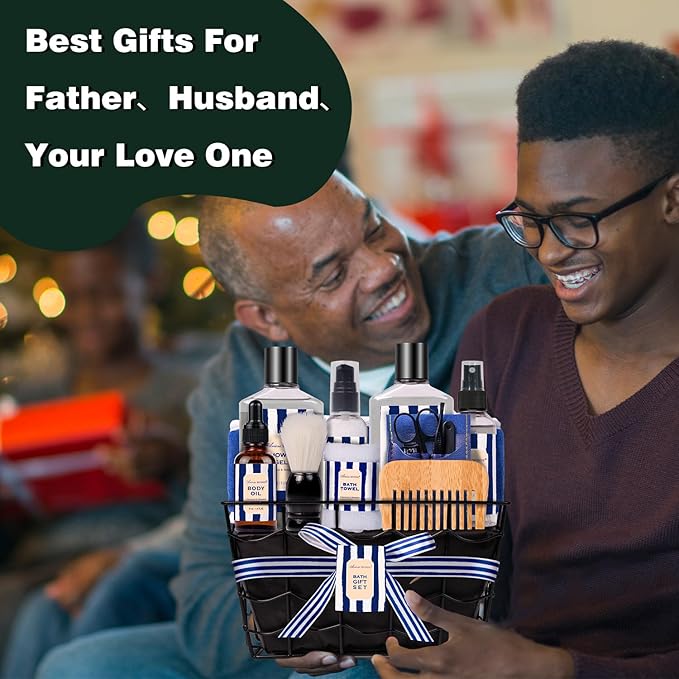 Fathers Gifts for Men Dad Bath and Body Gift Sets for Men with 10 Pcs Cedar & Bergamot Spa Gifts Set, Bath Gift Set Includes Beard Balm, Bubble Bath.Perfect Relaxation Spa Gift Basket for Men