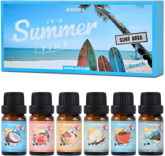Summer Fragrance Oils Set, AVEOIRA Beach Essential Oil Set for Diffuser, Candle, Soap Making Scented Oils, Pina Colada, Strawberry Lemonade, Watermelon, Vanilla Ice Cream, Coconut, Ocean Breeze
