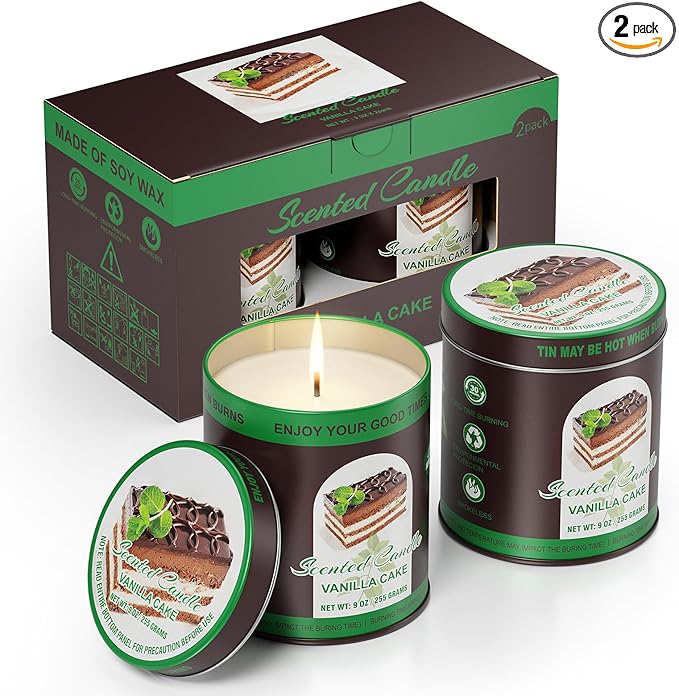 Premium Vanilla Cake Scented Soy Wax Candles Set | 2Pack 8% Essential Oils,80 Hrs Burn Time,Clean Burning&Smoke-Free| Aromatherapy Jar Tin Candle for Home, Relief & Sleep | Gift Set of Men&Women