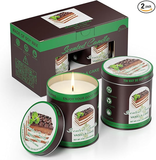 Premium Vanilla Cake Scented Soy Wax Candles Set | 2Pack 8% Essential Oils,80 Hrs Burn Time,Clean Burning&Smoke-Free| Aromatherapy Jar Tin Candle for Home, Relief & Sleep | Gift Set of Men&Women
