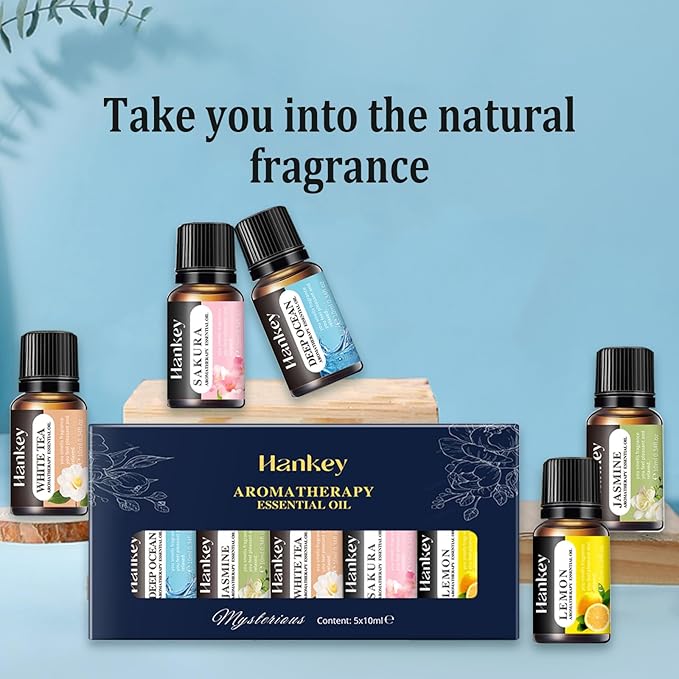 5x10ml Multi-Scent Essential Oils Set - Ocean, White Tea, Jasmine, Lemon & Cherry Blossom for Home & Car