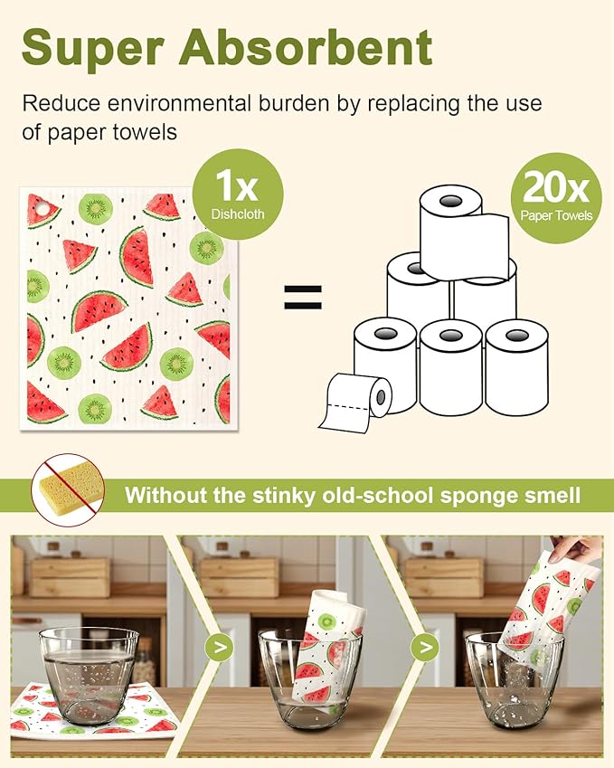 6 Pack Swedish Dishcloths for Kitchen - Reusable Dish Cloths for Washing Dishes Absorbent Cute Funny Kitchen Towels Cleaning Sponge, Lemon Fruit