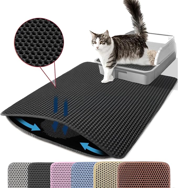 Cat Litter Mat, 24x18 Inches Large Double Layer Honeycomb Cat Litter Trapping Mat, Non Slip Waterproof Urine Proof Cat Litter Box Mat for Floor, Kitty Litter Rug, Cat Supplies, Black