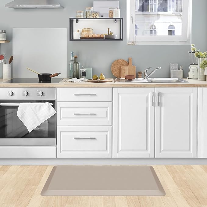 KitchenClouds Kitchen Mat Cushioned Anti Fatigue Kitchen Rug 0.8inch Waterproof Non Slip Kitchen Rugs and Mats Standing Desk Mat Comfort Floor Mats for Kitchen Sink Office (17.3"x28",Khaki)