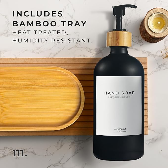 Maisonovo Glass Soap Dispenser Bathroom Set | Hand Soap and Dish Soap Dispenser Set | 16.9oz Amber Bottles with Black Bamboo Pump | Bathroom Lotion Dispenser Set of 2