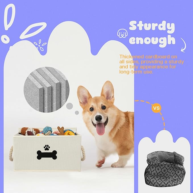 Dog Toy Basket with Lid, Dog Basket for Toys, Dog Toy Box with Cotton Rope Handles, Collapsible Storage Bins for Dog Toys, Dogs Storage Organizer, Beige