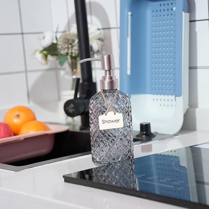 16 oz Diamond Pattern Glass Soap Dispenser, Kitchen and Bathroom Refillable Soap Dispenser with Rust Resistant Stainless Steel Pump for Hand Soap, Lotion Glass Liquid Dispenser (Grey)