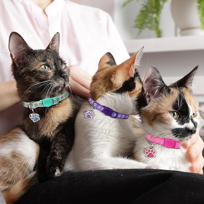 4PCS Breakaway Cat Collars,Reflective Cat Collar with Bells,Kitten Collars for Boy&Girl Cats Breakaway Collar for Cats with Paw Pendant 7.5-12.6 Inch(Purple+Hotpink+Red+Teal)