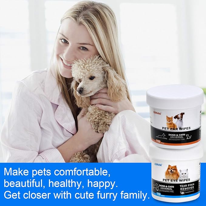 OPULA Dog Ear Eye Cleaner Wipes,300 Count Cat Eye Ear Cleaning Wipes,Pet Wipes,150pcs Tear Stain Remover Wipes+150pcs Ear Wax Wipes,Non-Irritating,Dog&Cat Universal,Eliminate Odor